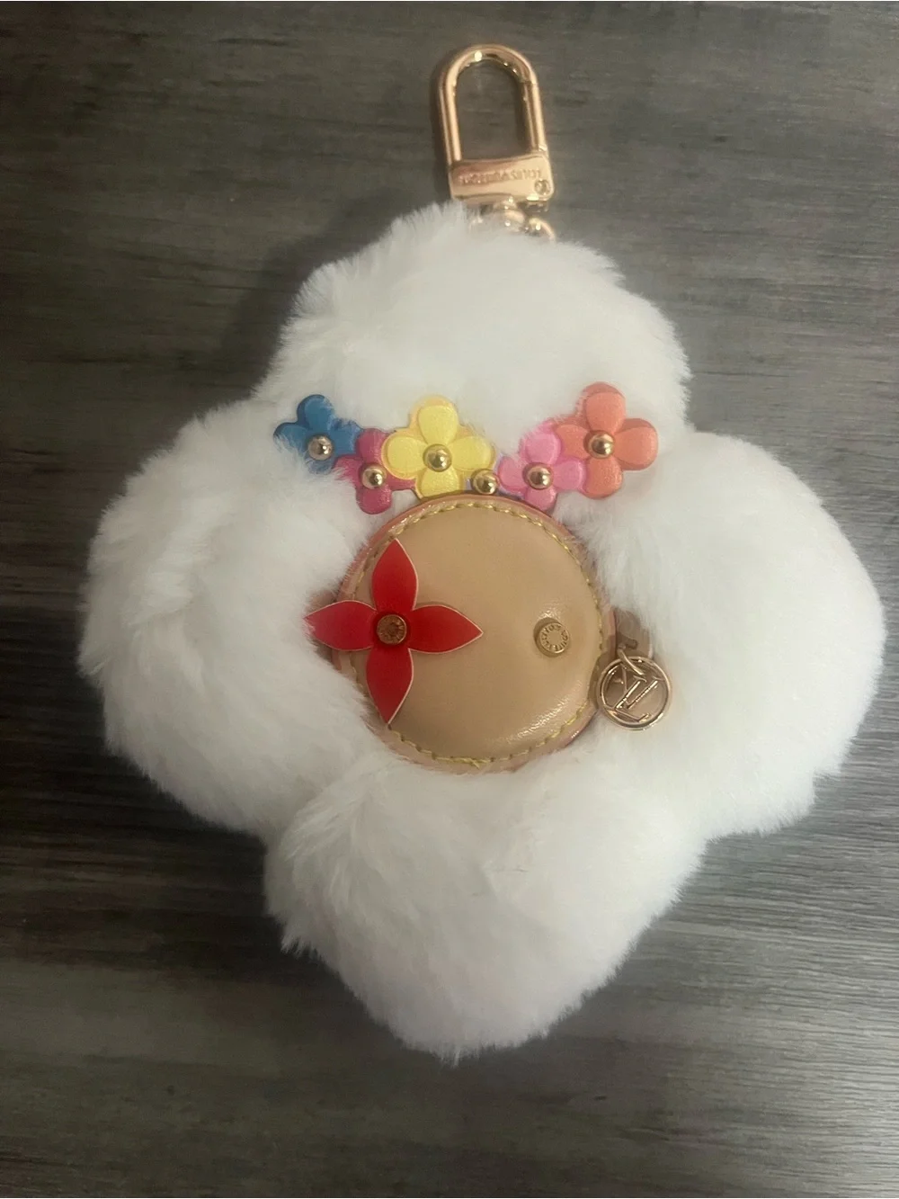 White Fur Flower Key Charm with Multicolor Leather Blooms